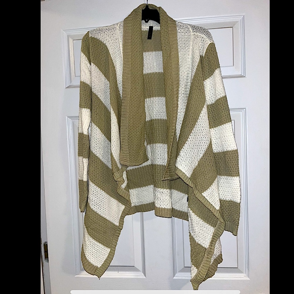 Boutique Khaki and White Long Cardigan